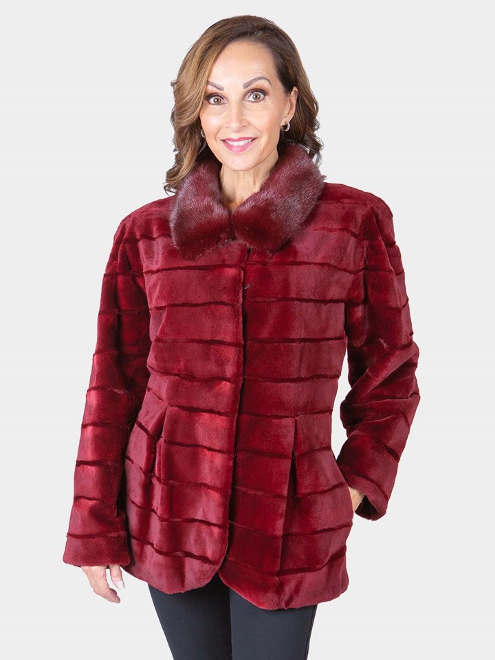 Woman's Deep Red Sheared Mink Fur Jacket