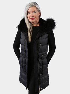 Woman's Rex Rabbit Fur Lined Quilted Down Vest with Finn Raccoon Trimmed Hood