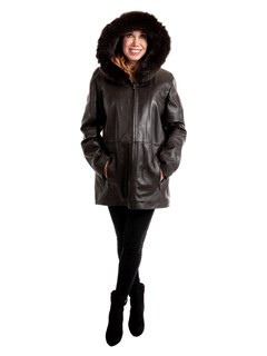 Woman's Brown Lambskin Leather Parka with Black Fox Fur Trimmed Hood and Detachable Black Jacket Liner