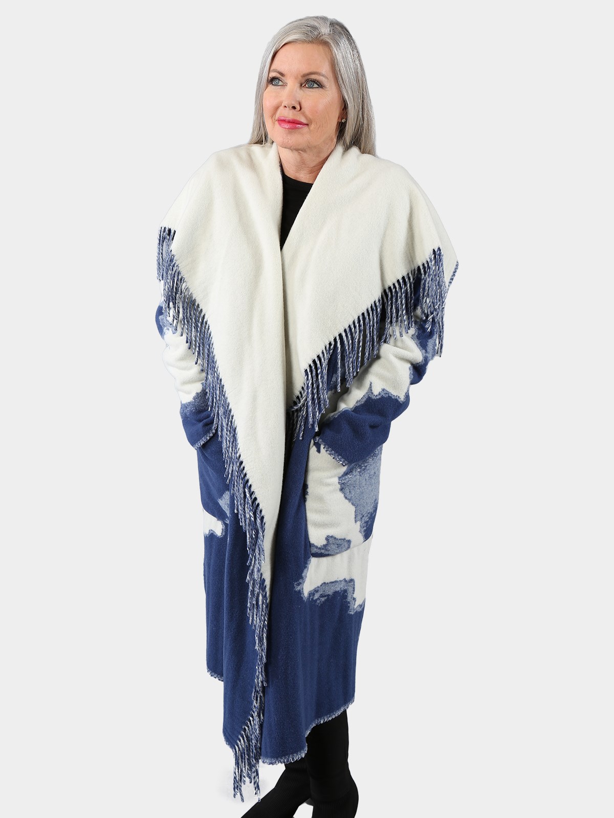 Woman's Blue and Off White Woven Cloth Coat