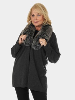 Woman's Charcoal Cashmere Cardigan Style Stroller with Black Frost Fox Collar