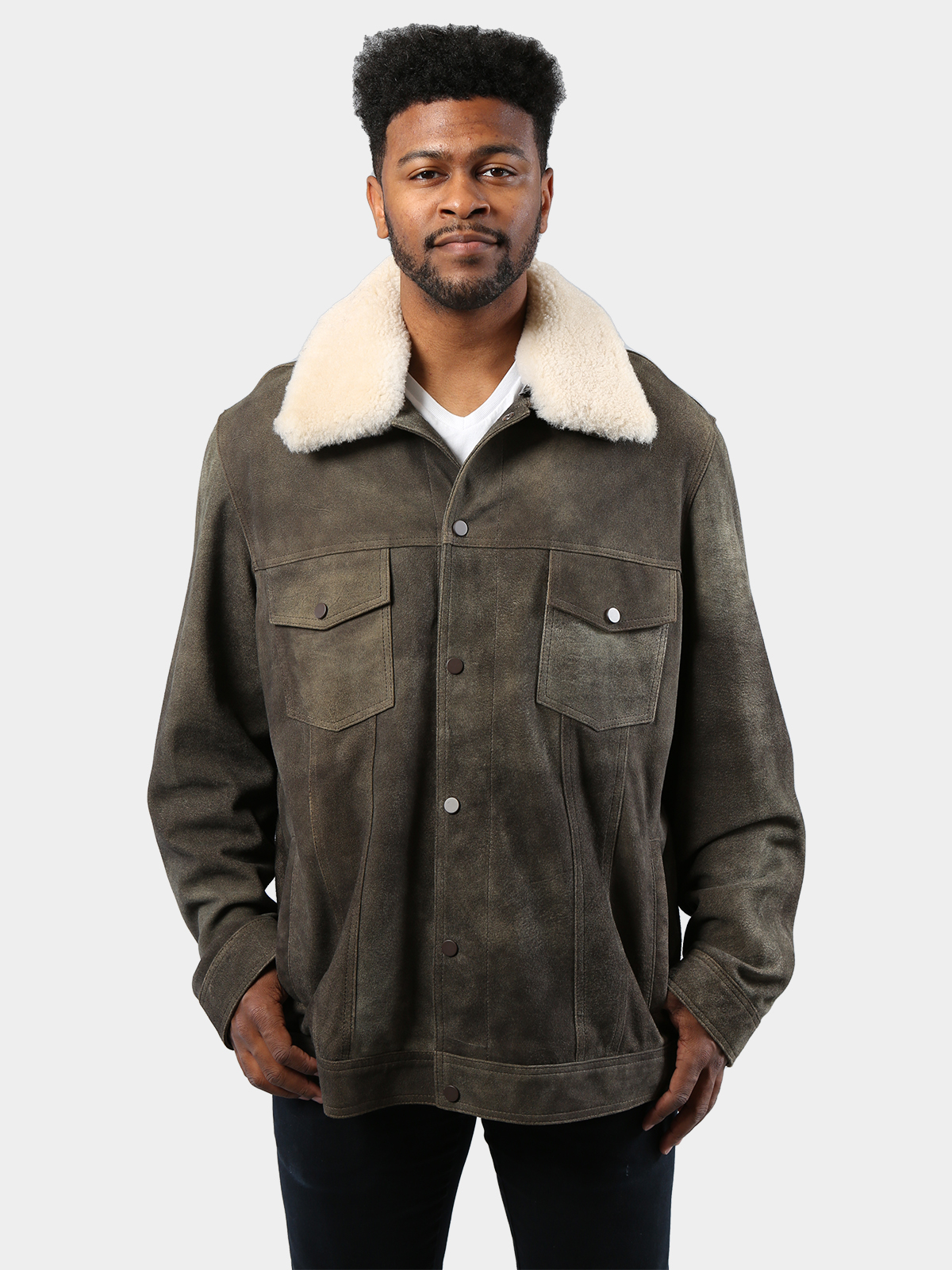 Men's Vintage Gray Suede Leather Jean Jacket - Day Furs