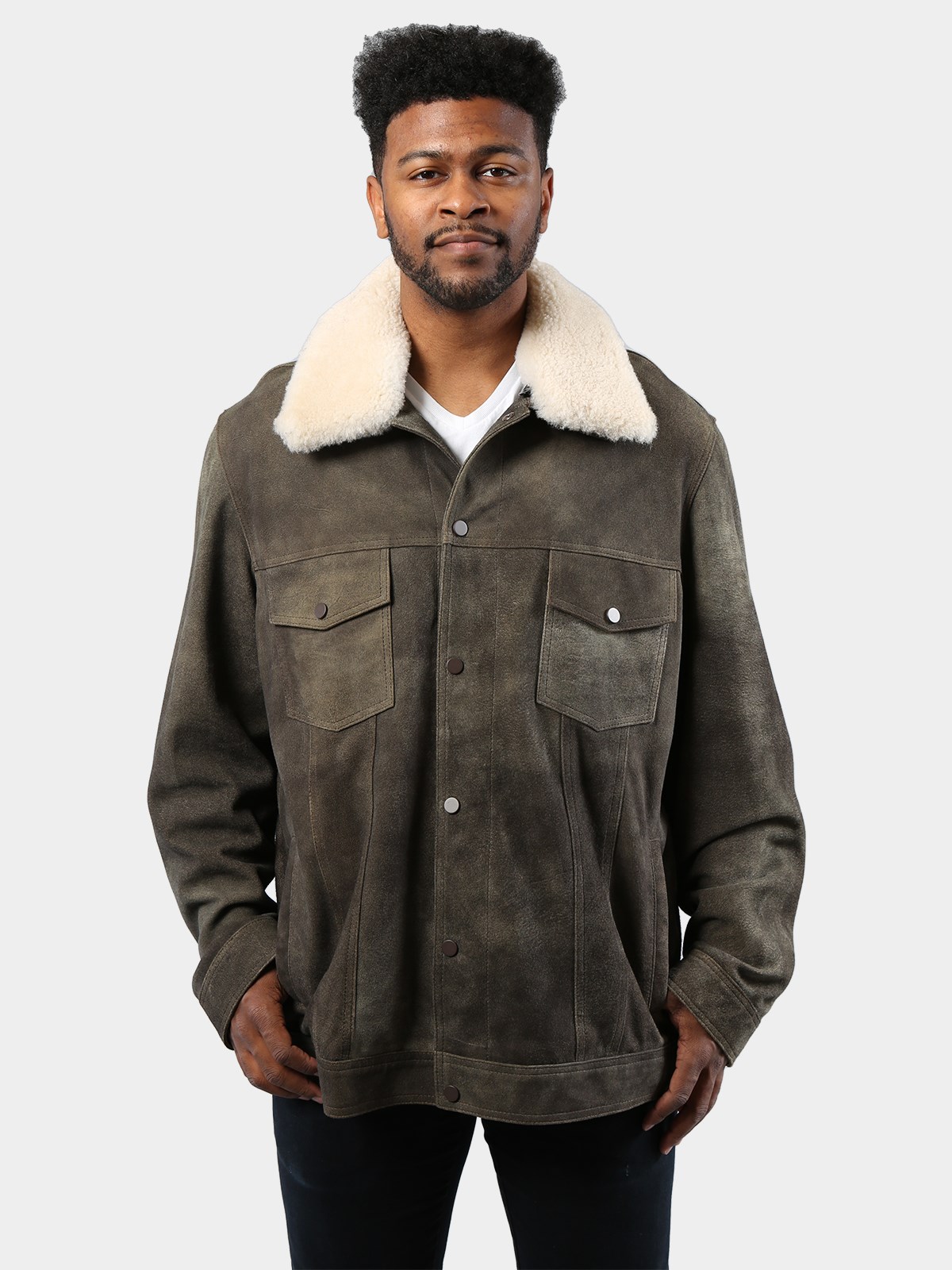 Man's Vintage Gray Suede Leather Jean Jacket with Detachable Shearling Collar