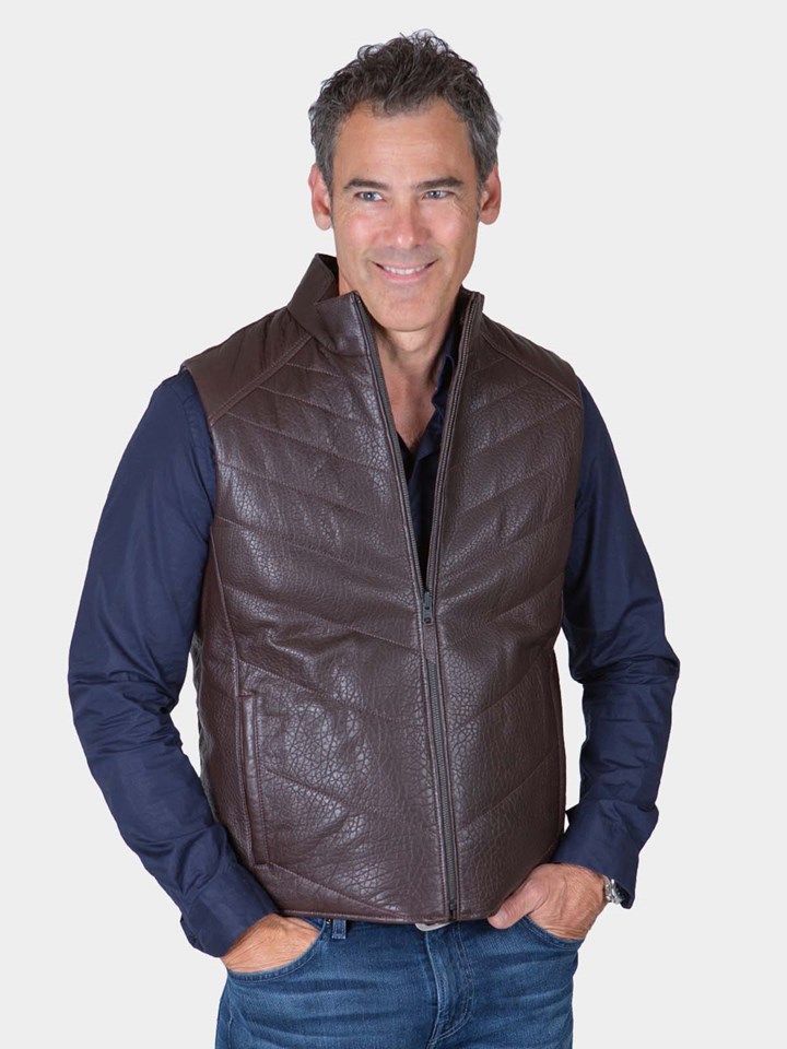 Man's Brown Leather Reversible to Fabric Vest