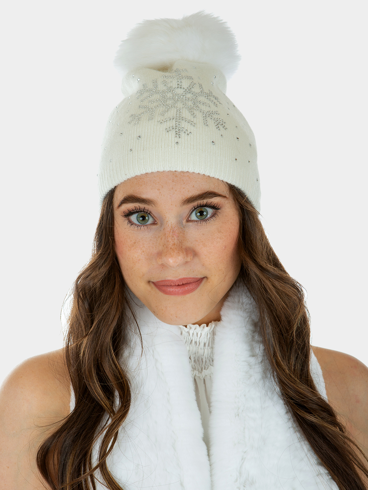 White Snowflake Sparkle Beanie with White Fox Fur Pom-Pom | Day Furs