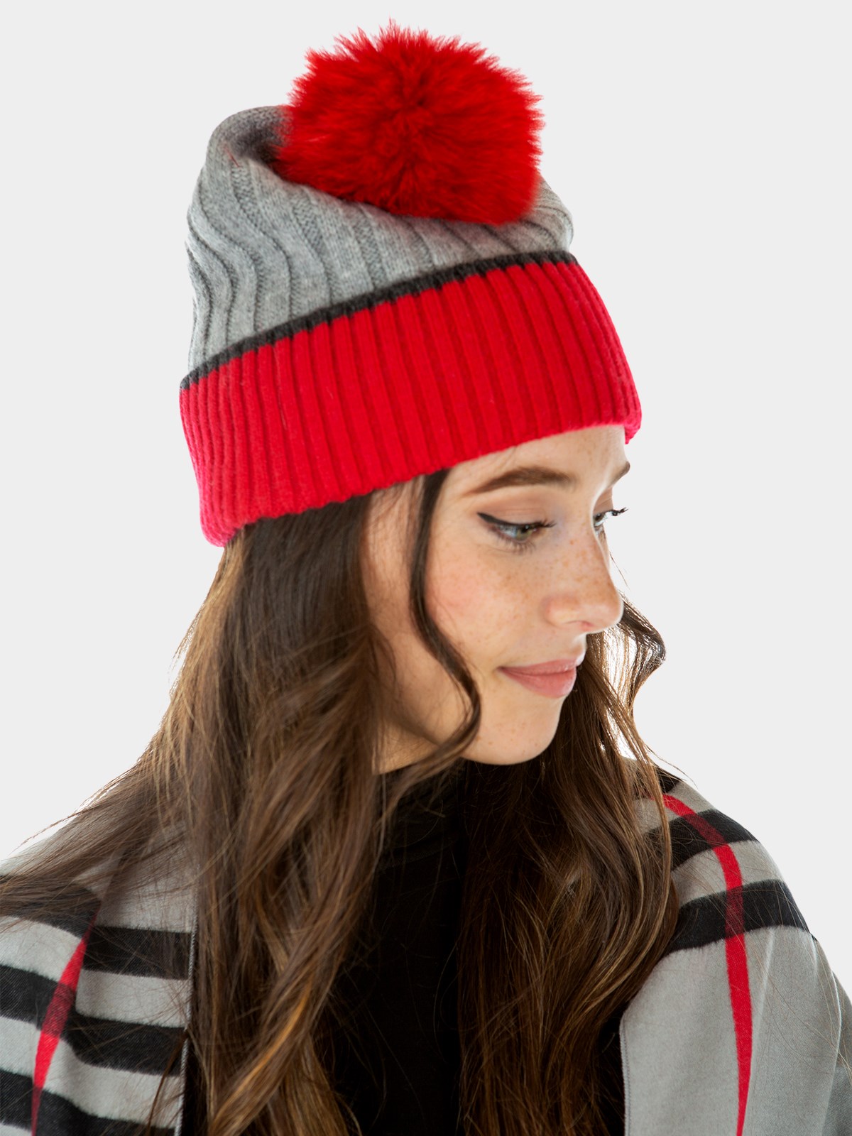 Woman's Grey Knit Fabric Hat with Red Border and Fox Fur Pom-Pom