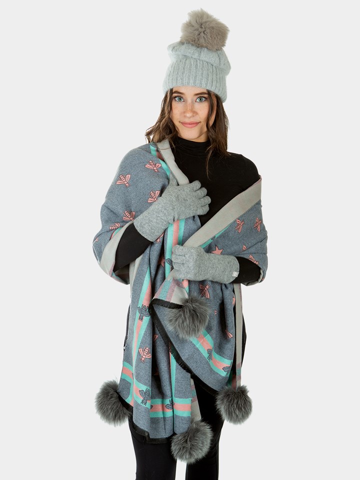 Woman's Light Grey and Moody Grey Woven Fabric Scarf with Fox Fur Pom-Poms