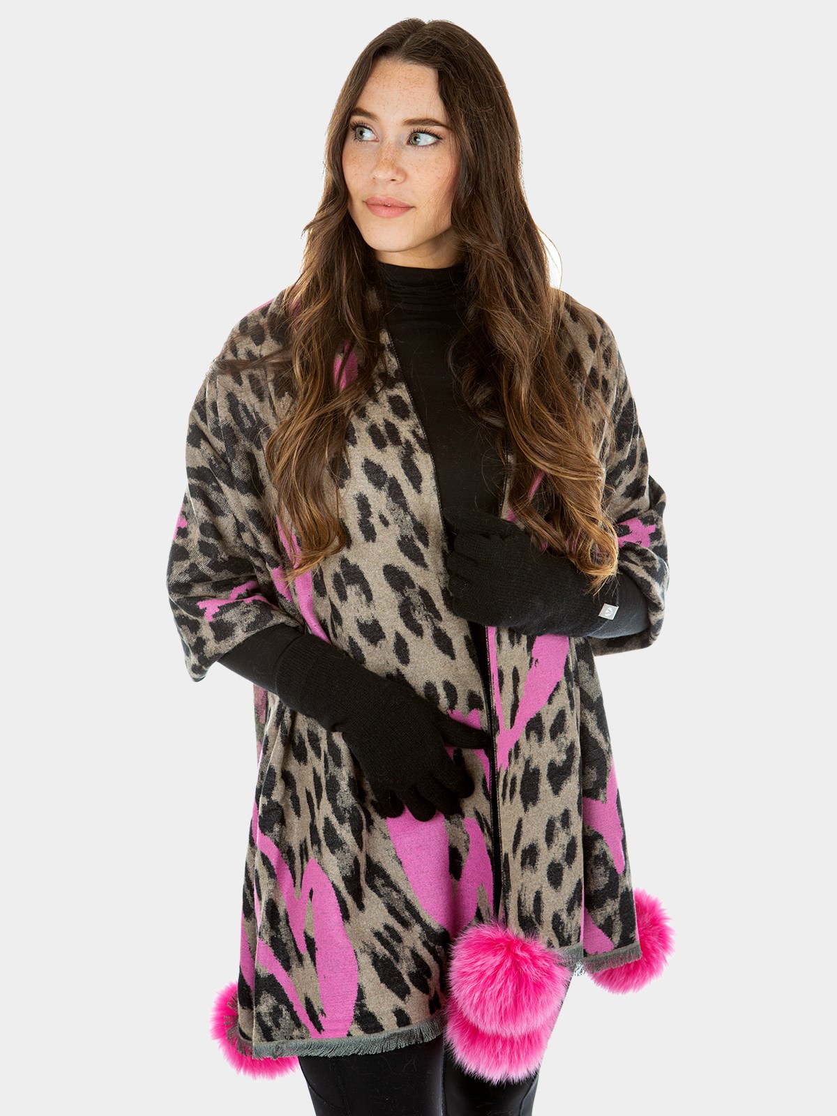 Woman's Pink Woven Fabric Scarf with Animal Heart Print and Fox Fur Pom-Poms