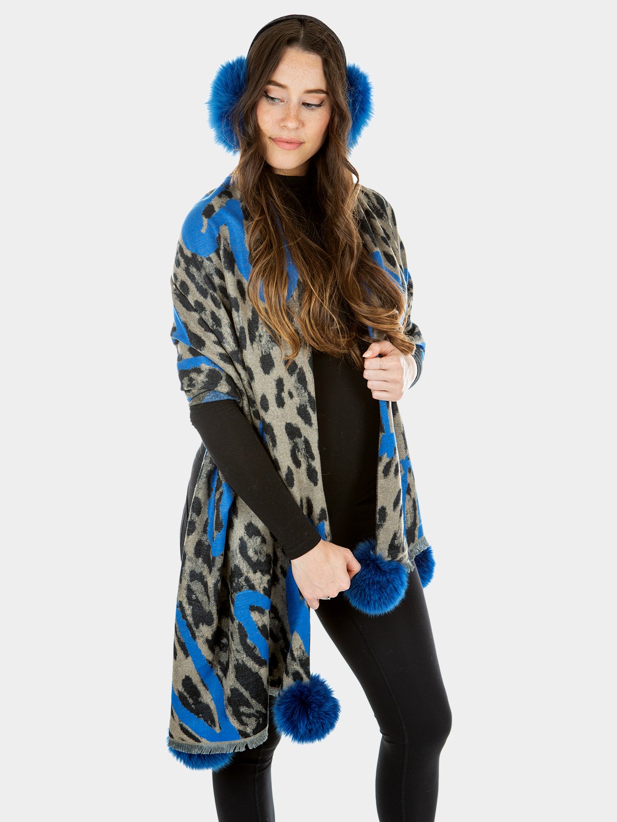 Woman's Blue Animal Print Woven Fabric Scarf with Fox Fur Pom-Poms