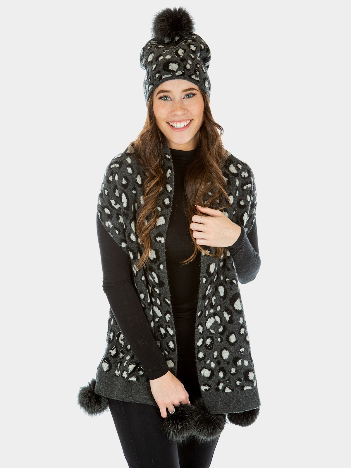 Woman's Charcoal Woven Fabric Scarf with Fox Fur Pom-Poms