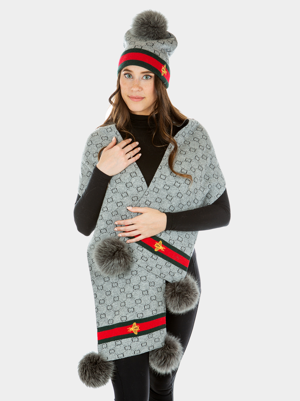 Cashmere Scarf With Colorful Fox Fur Pom-Poms