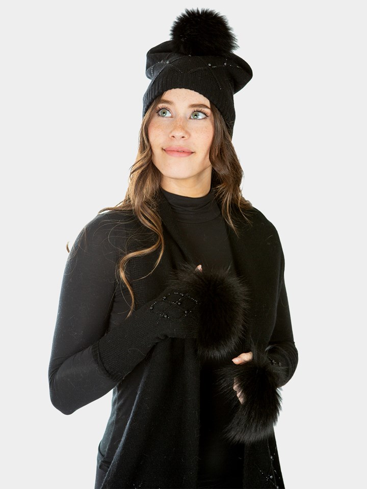 Woman's Black Knitted Fabric Scarf with Black Fox Fur Pom-Poms