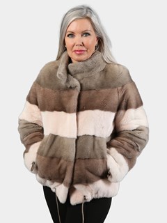 Woman's Neutral Three Tone Horizontal Stripes Mink Fur Jacket