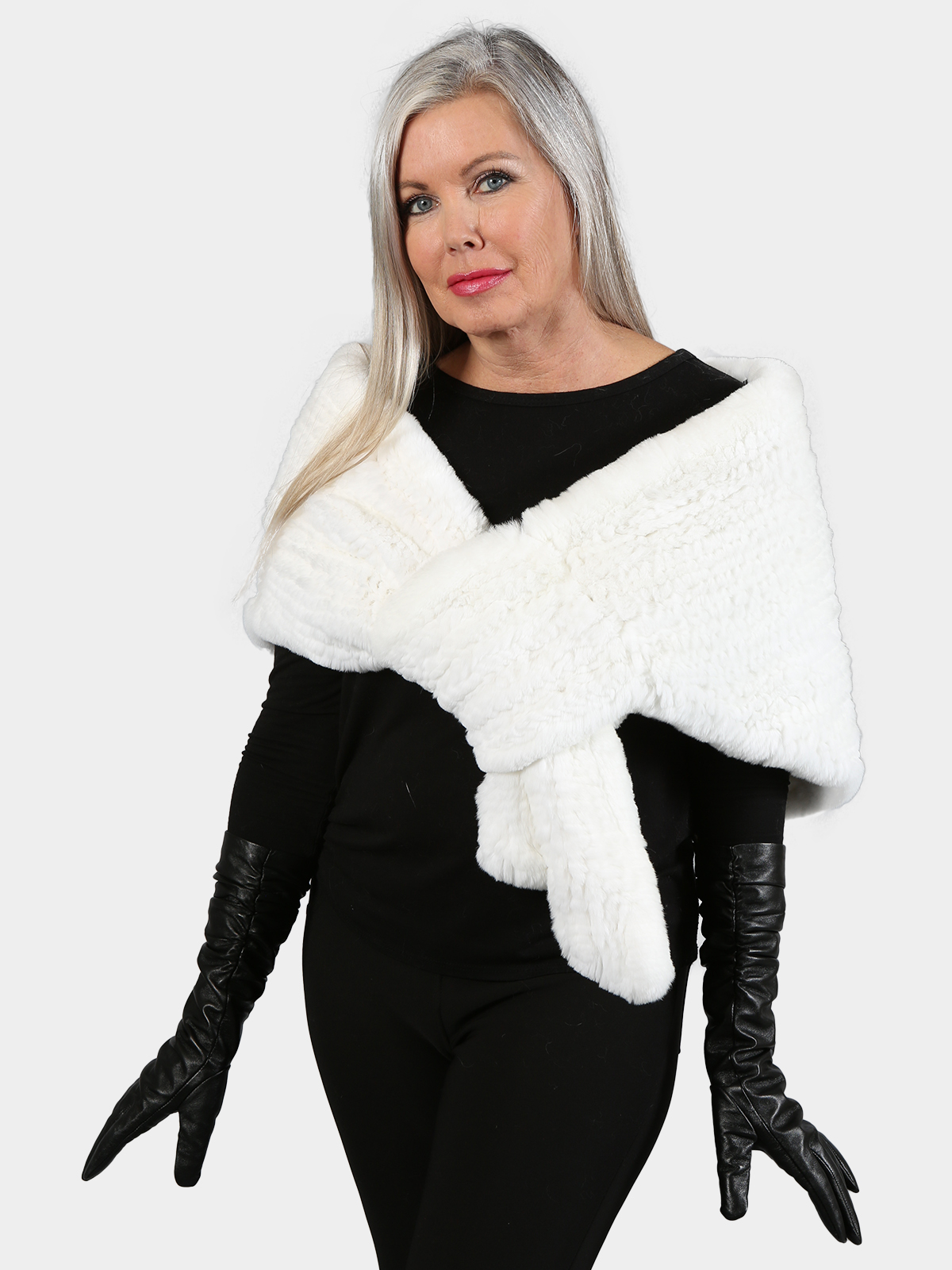 Woman's White Knitted Rex Rabbit Fur Stole - Day Furs