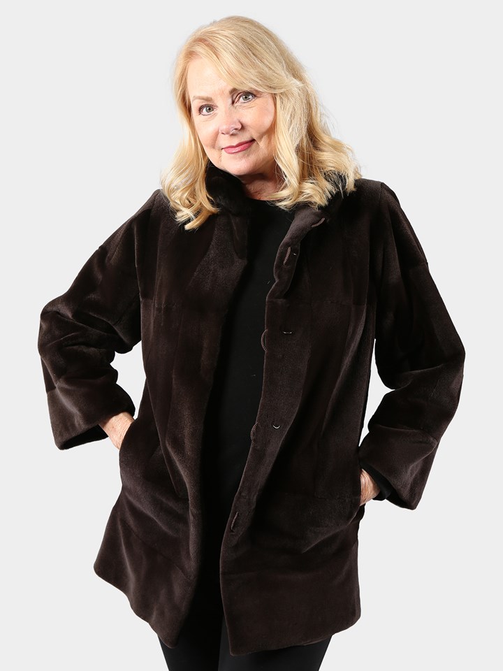 Woman's Brown Sheared Mink Fur Jacket Reversible to Rain Taffeta