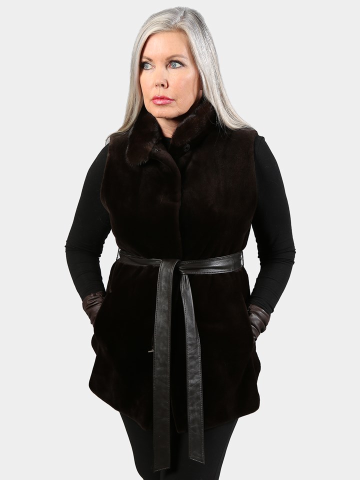 Woman's Dark Brown Sheared Mink Fur Vest Reversing to Rain Taffeta