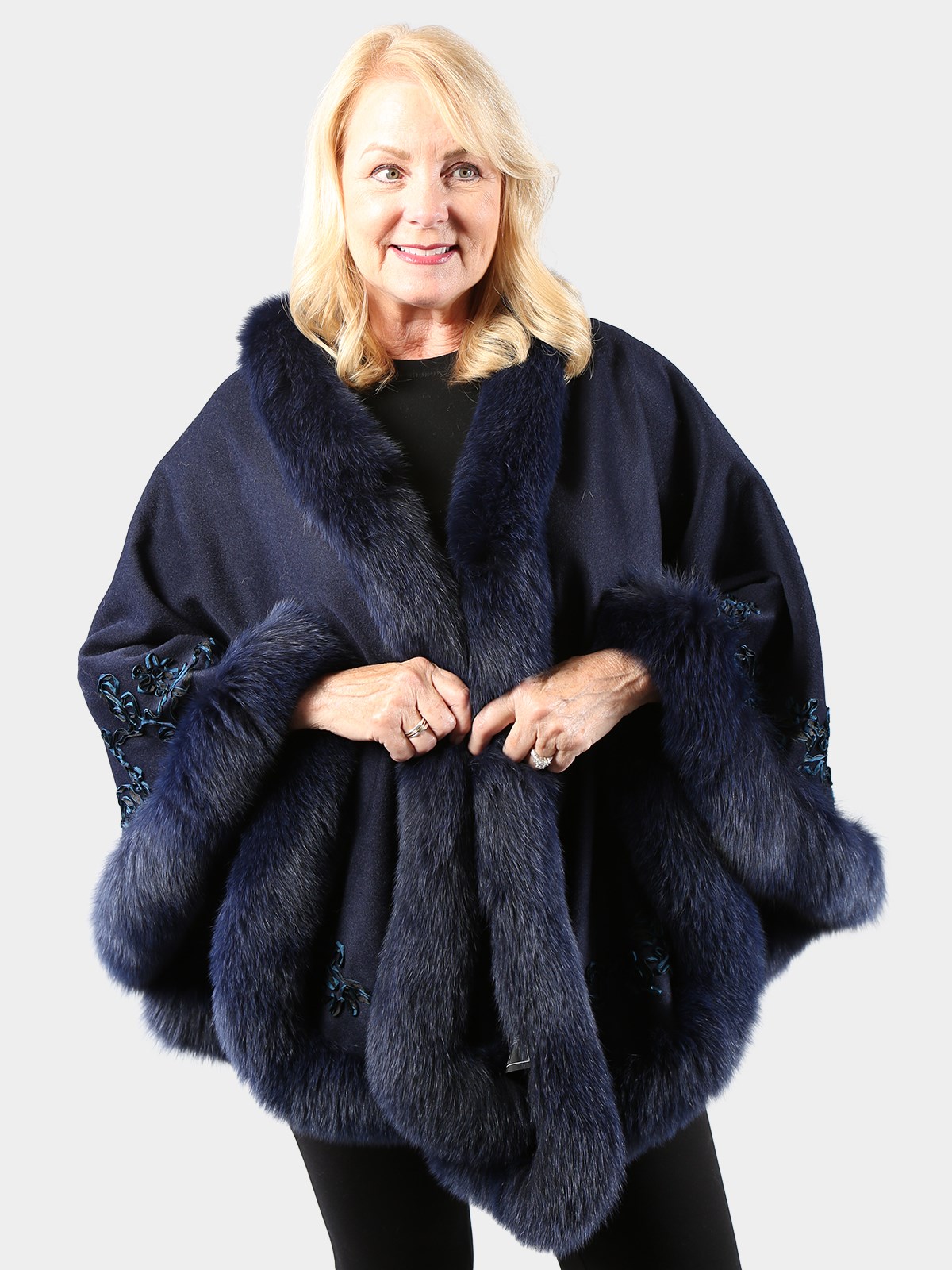 Woman's Navy Wool and Cashmere Blend Cape with Fox and Ribbon Trim