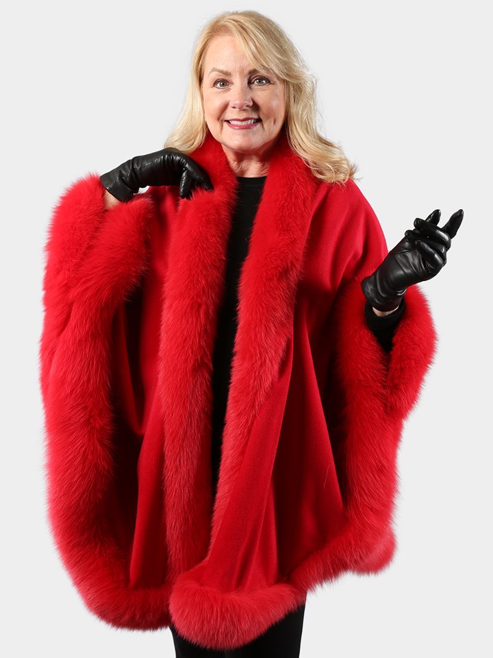 Woman's Red Cashmere Cape with Fox Trim