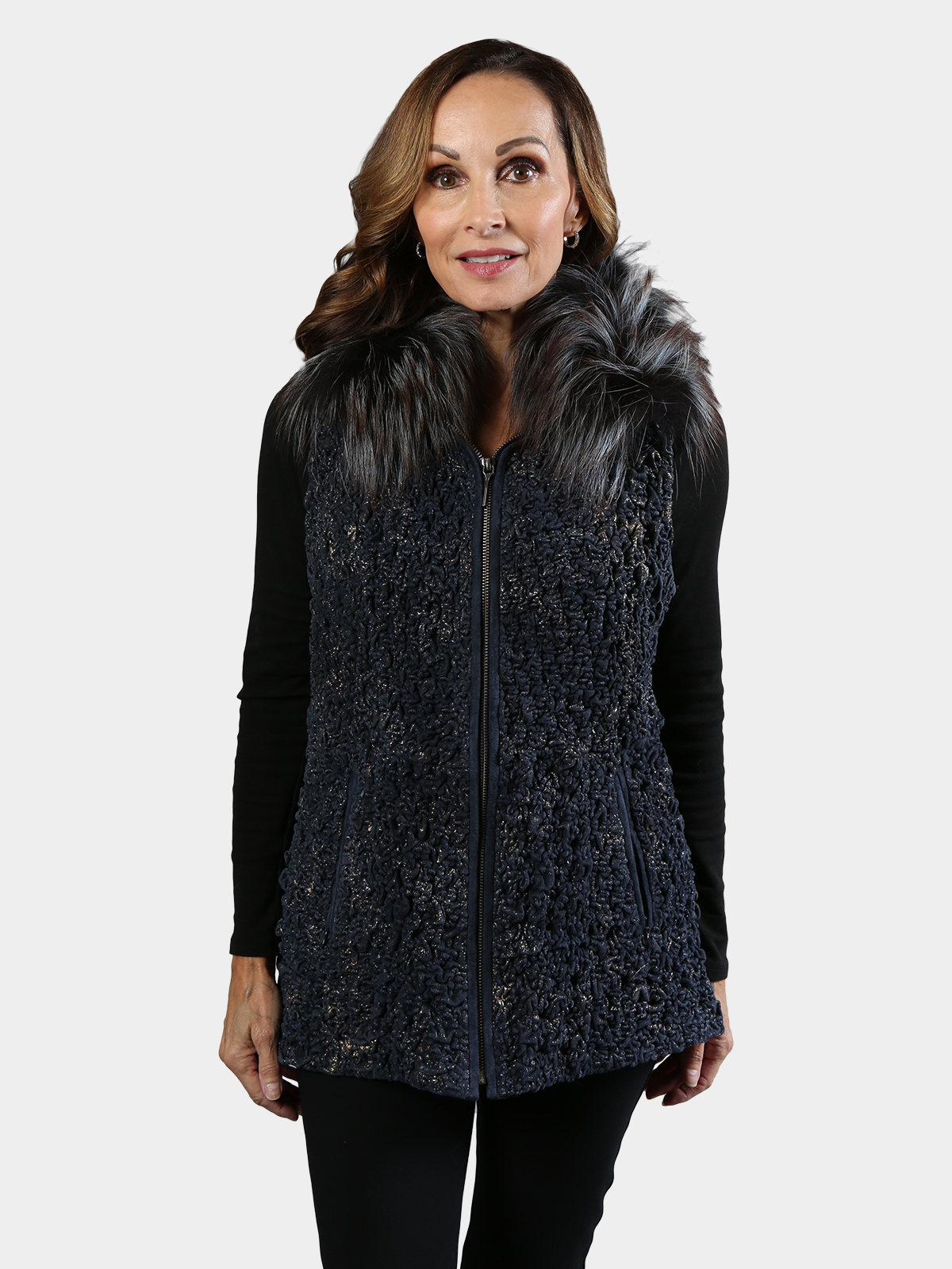 Leather vest with fur collar top