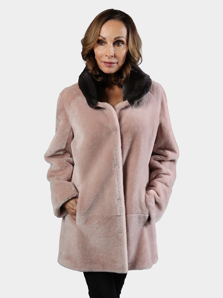 Woman's Pink Astra Shearling Lamb Jacket Reversing to Leather