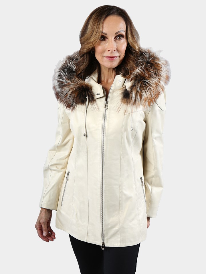 Woman's Ice Lambskin Leather Parka with Silver Fox Trim