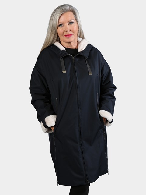 Woman's Navy Hooded Raincoat with Cream Ironed Fleece Lining