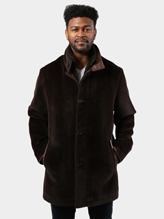 Man's Brown Suri Alpaca Wool 3/4 Coat with Cognac Lambskin Trimmed Double Collar