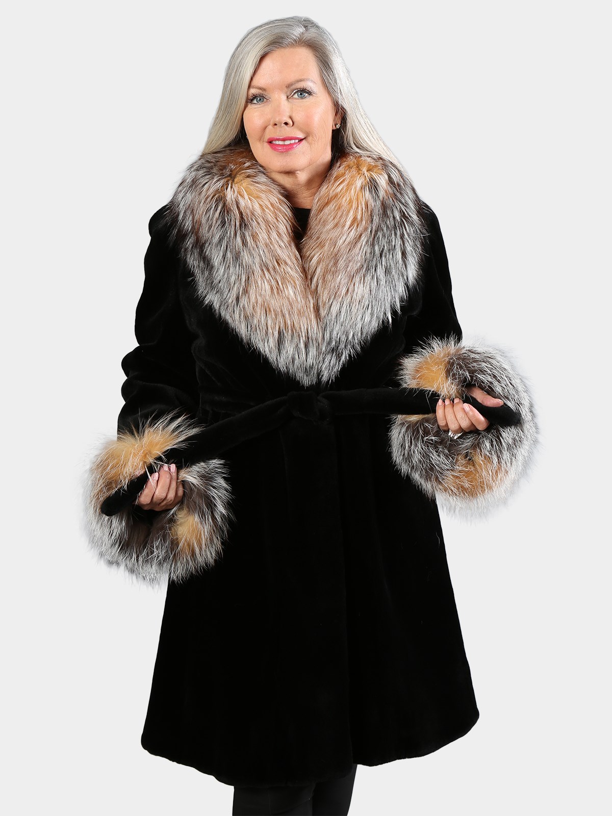 Woman's Black Sheared Mink Fur Stroller with Fox Trim