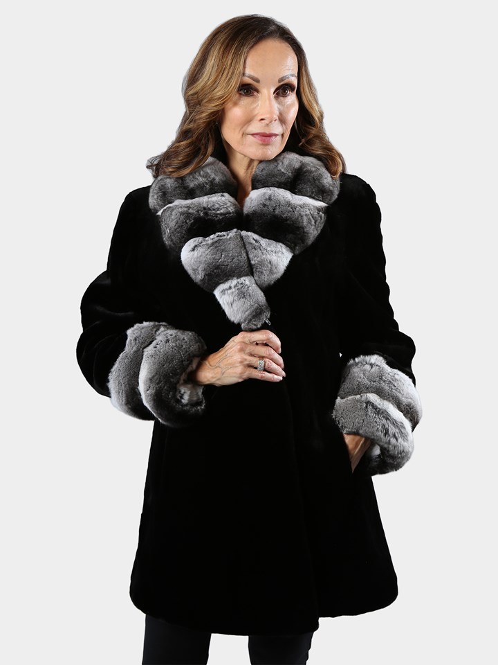 Woman's Black Sheared Mink Fur Stroller with Chinchilla Trim