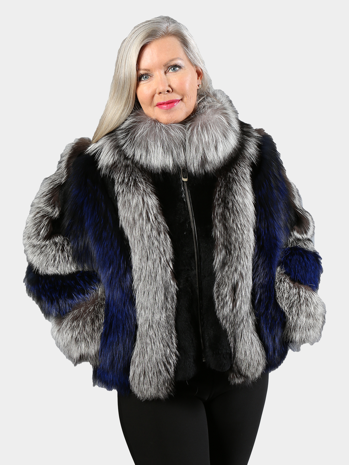 Women's Natural Silver Fox and Royal Blue Fox Fur Jacket - Day Furs