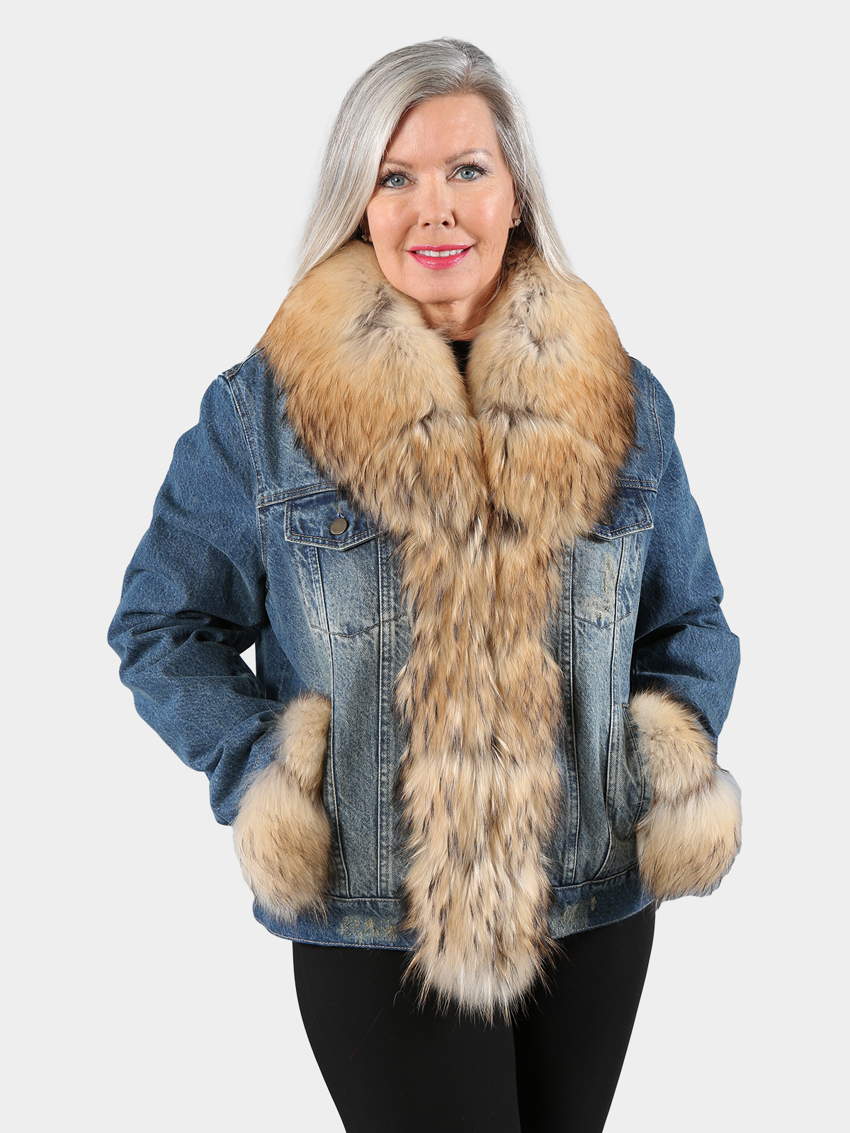 Oversized Faux Fur Collar Cuff Fleece Denim Jacket Grey | Lily Lulu