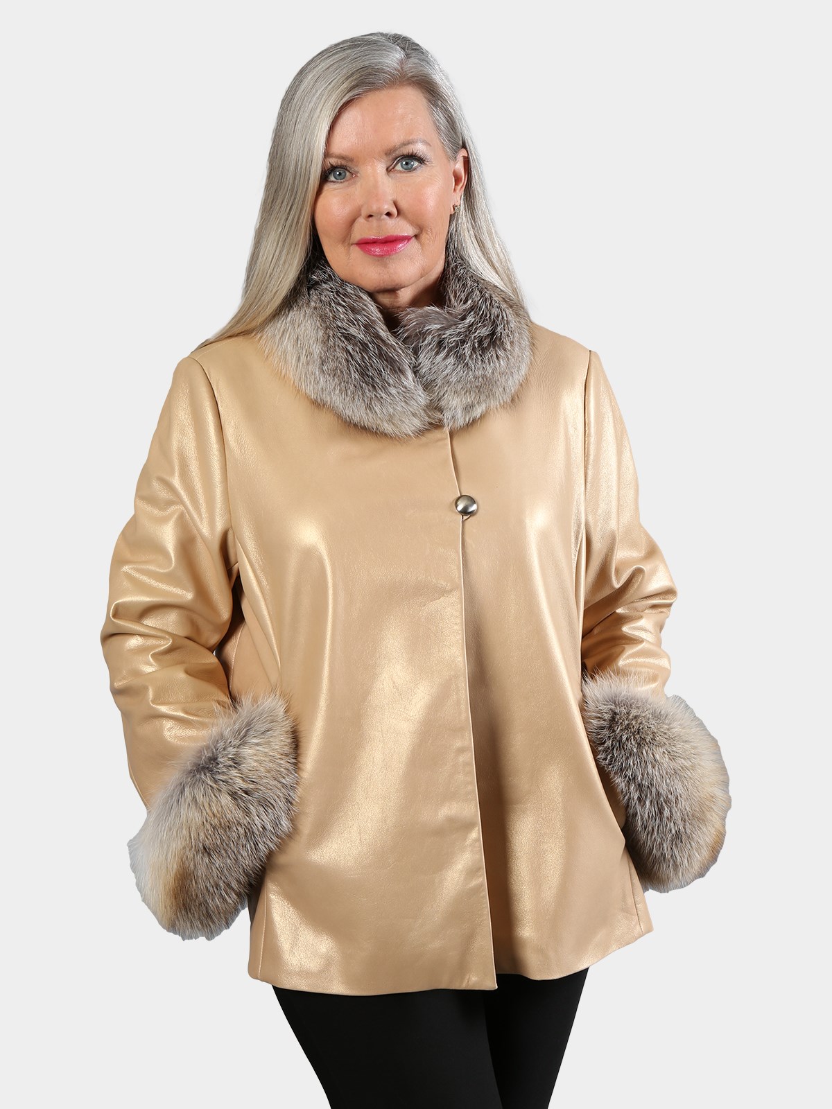 Woman's Gold Leather Jacket with Fox Trim