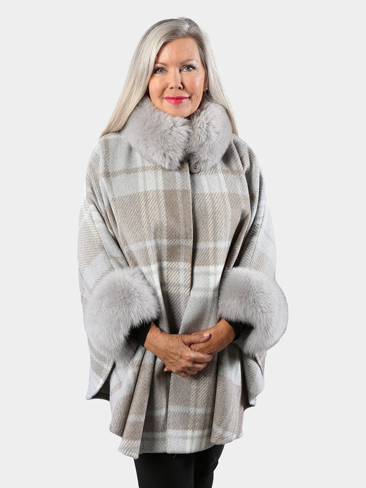 Woman's Loro Piana Gray and Taupe Plaid Wool Cape with Blue Fox Fur Collar and Cuffs