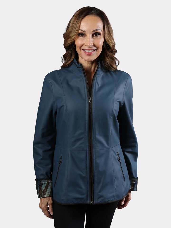 Woman's Mosaic Blue Reversible Leather Jacket