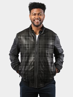 Man's Black Plaid Suede Leather and Nylon Jacket