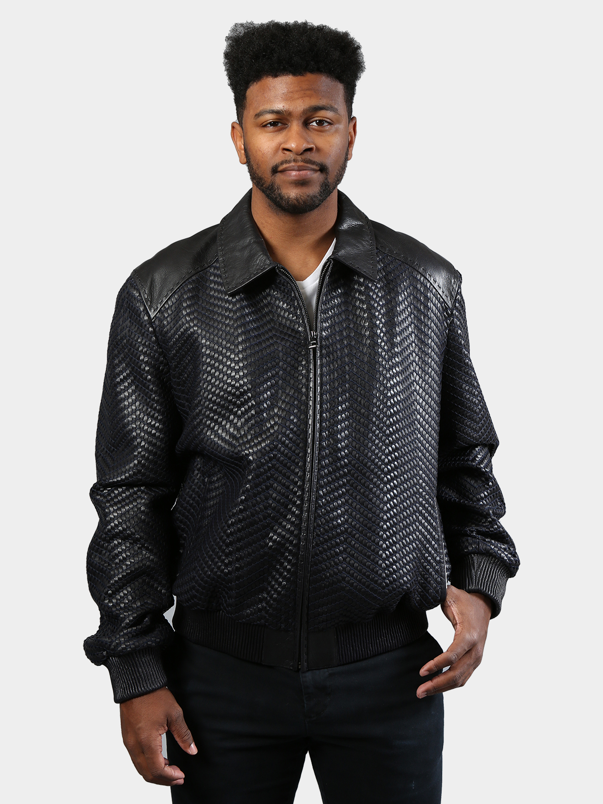 Men's Navy Woven Leather Jacket - Day Furs