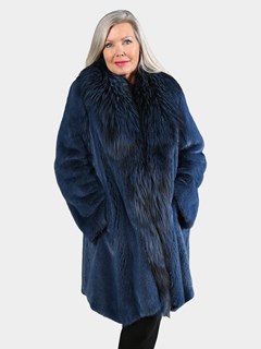 Woman's Midnight Blue Mink Fur Stroller with Blue Dyed Fox Collar and Fronts