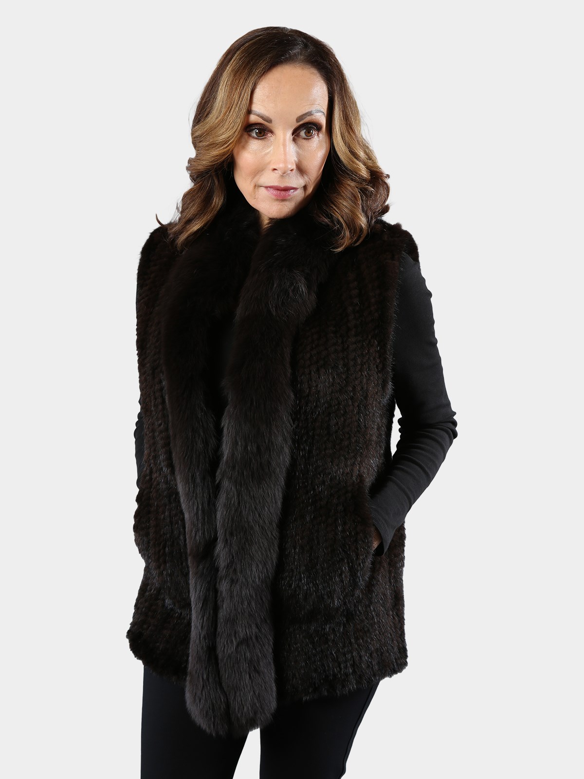 Woman's Brown Knit Mink Fur Vest with Fox Trim
