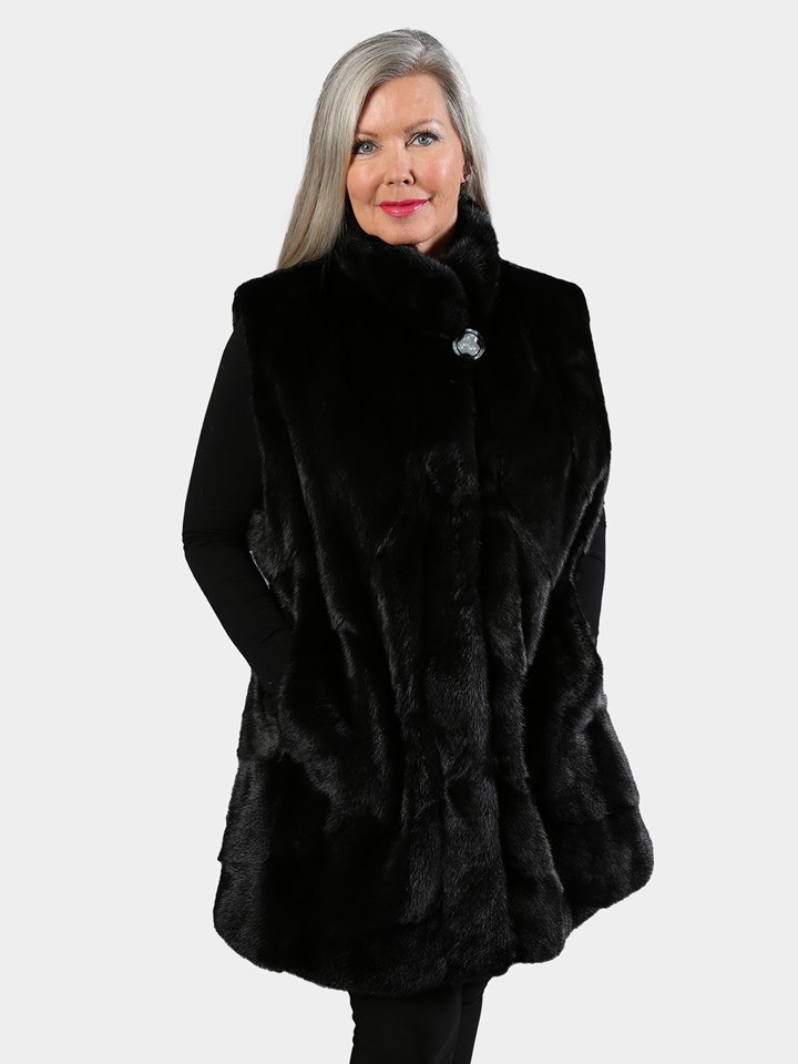 Woman's Black Diagonal Mink Fur Vest