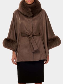 Woman's Khaki Taupe Cashmere Belted Cape with Fox Collar and Cuffs