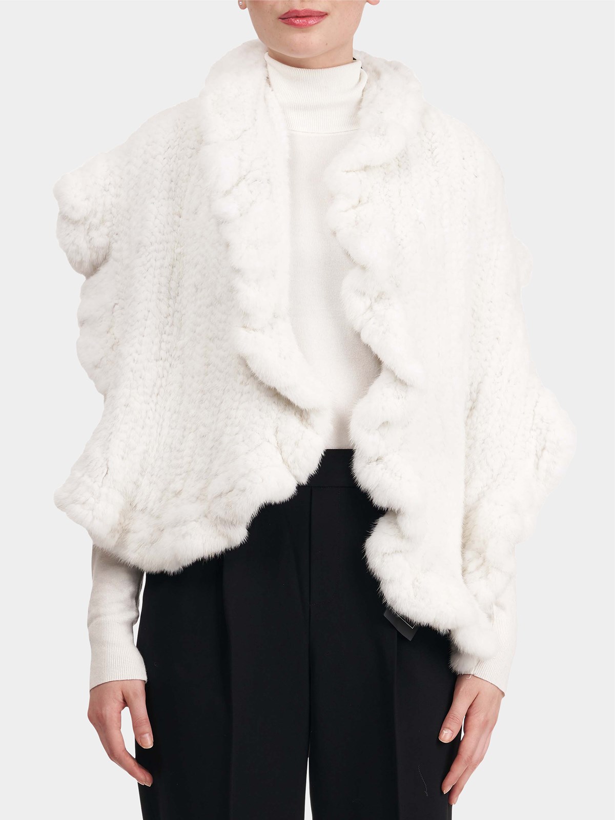 Woman's White Knitted Mink Fur Stole with Ruffle Trim