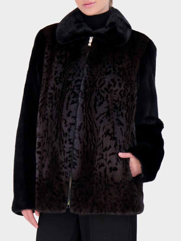 Woman's Grey Degradé Animal Print Mink Fur Jacket with Long Hair Mink Collar and Sleeves