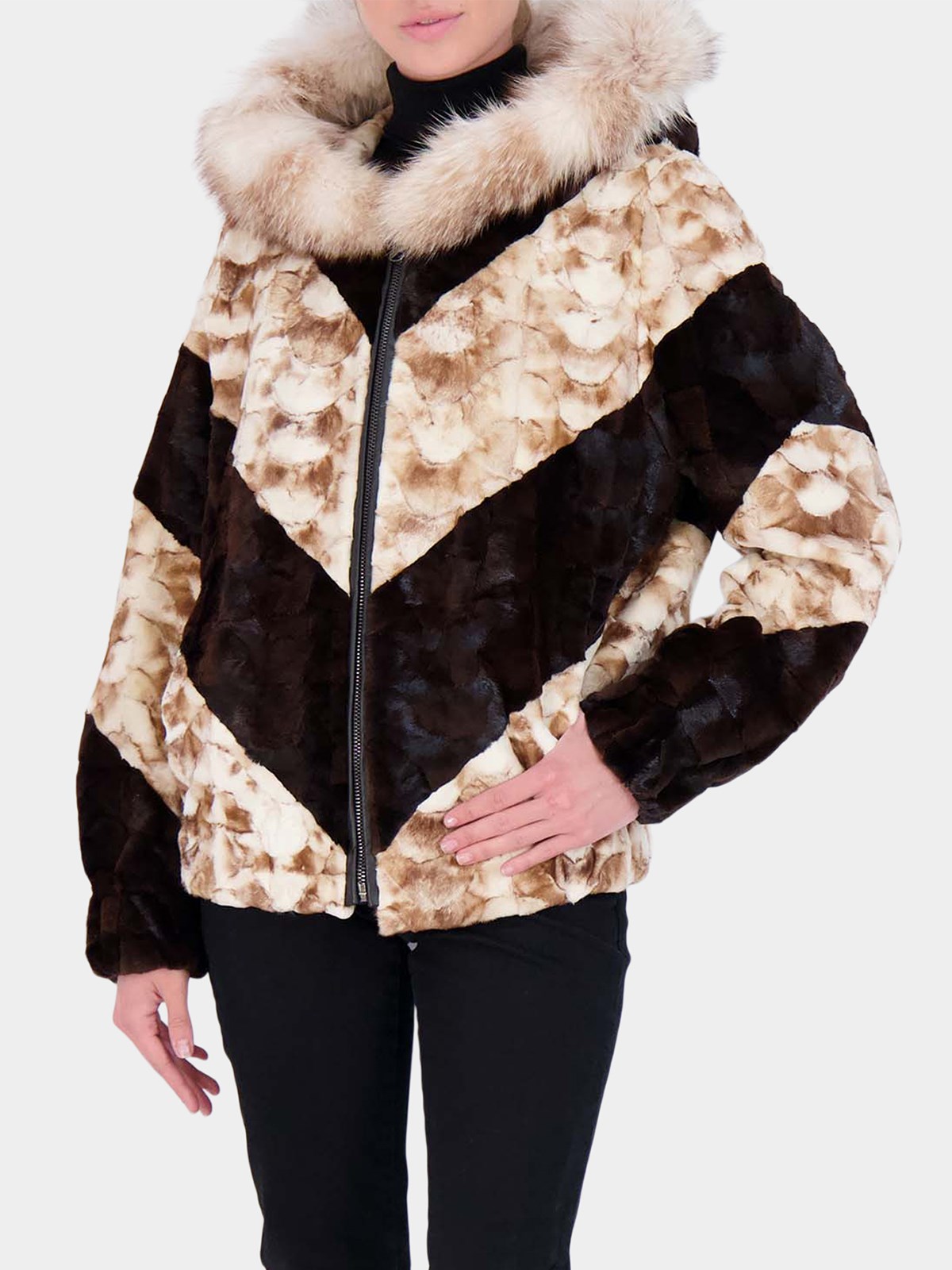Woman's Brown, Gold and White Mink Fur Sections Parka
