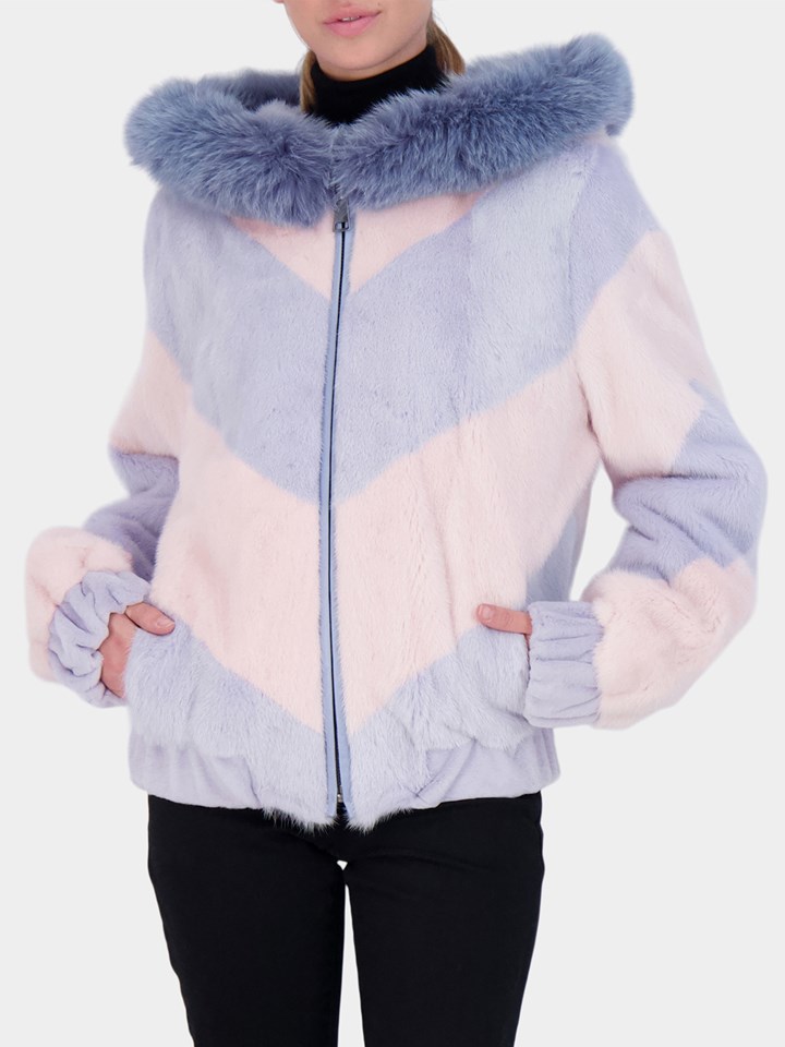 Woman's Azure and Rose Mink Fur Bomber Jacket with Fox Trim Hood