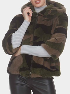 Woman's Camo Hooded Mink Fur Parka