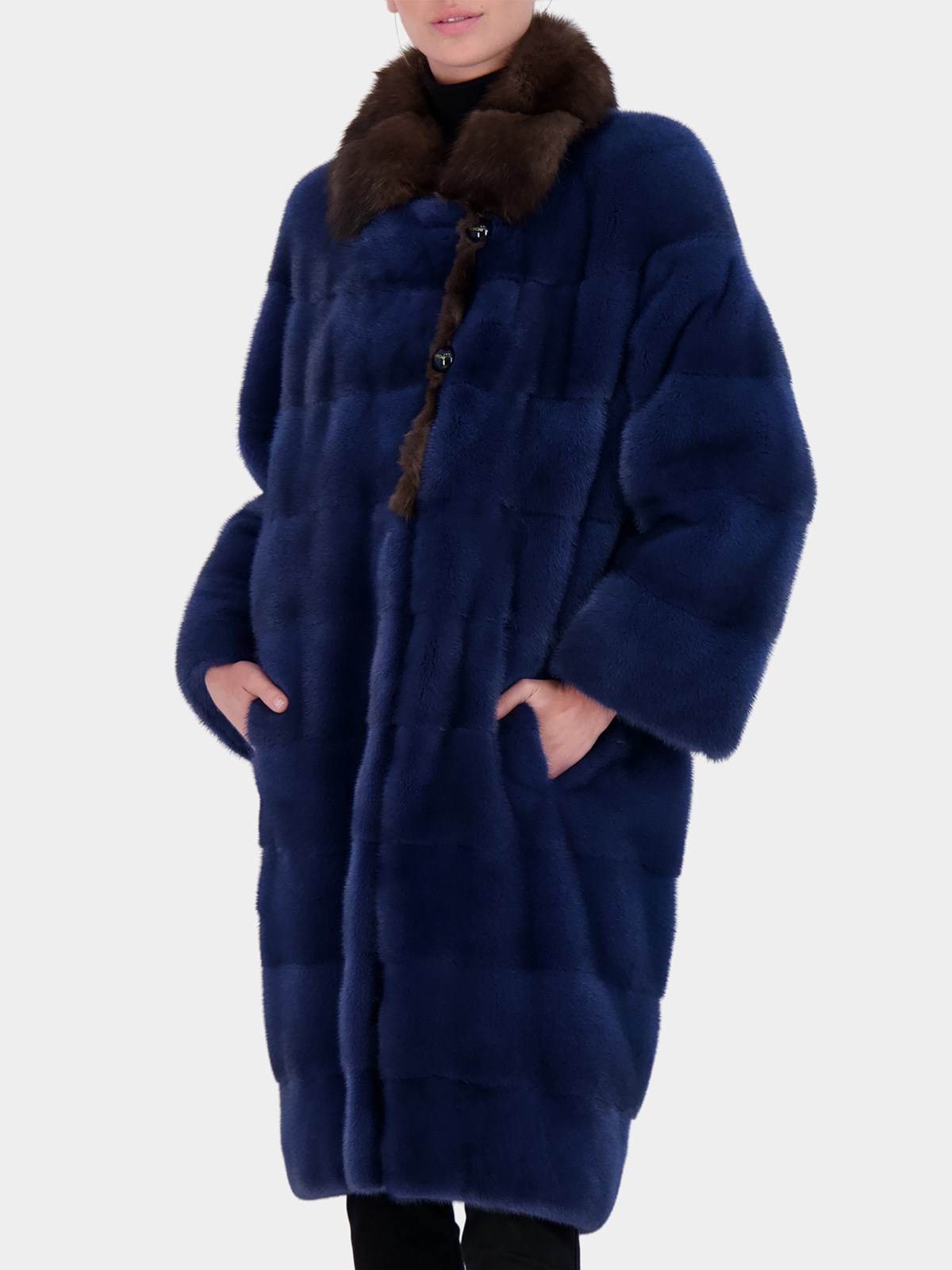 Woman's Blue Horizontal Mink Fur Short Coat with Sable Collar