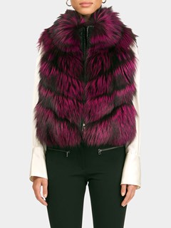 Woman's Fuschia / Black Silver Fox Chevron Fur Vest Reversible to Down