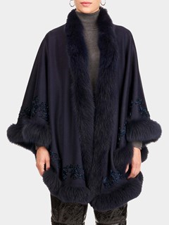 Woman's Gorski Navy Wool and Cashmere Cape with Fox Trim