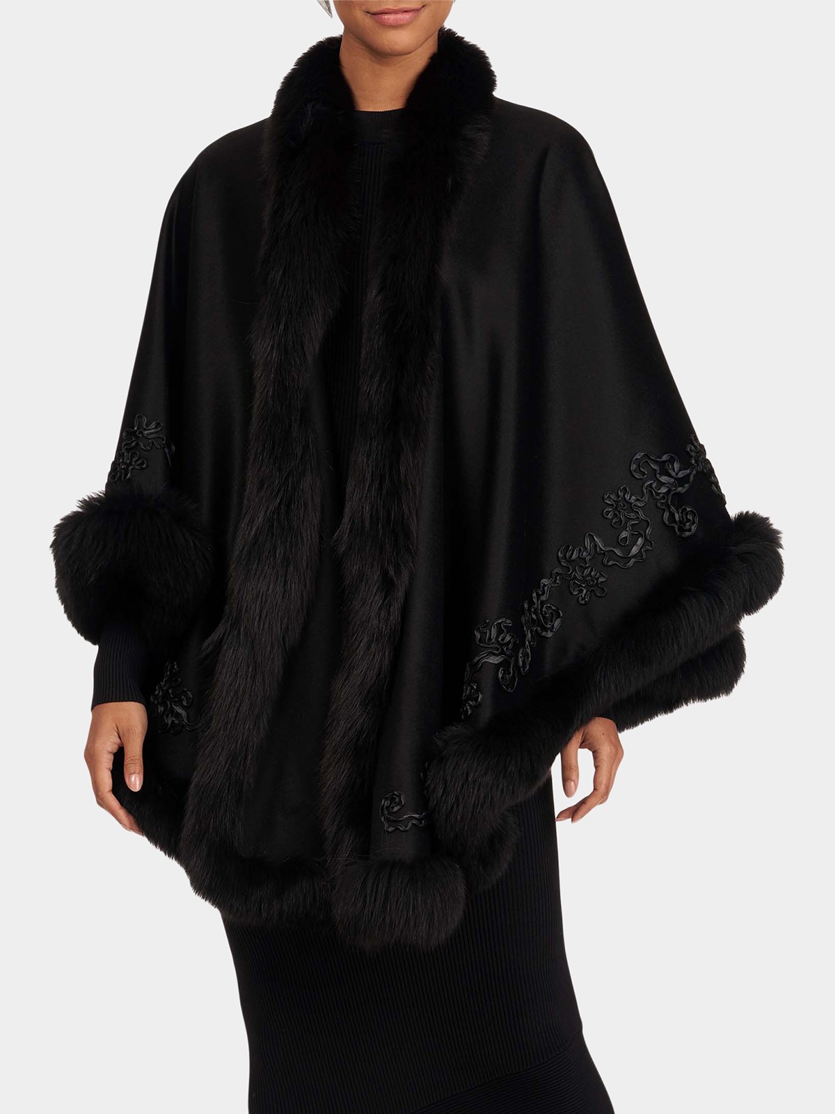 Woman's Black Wool and Cashmere Cape with Fox Trim