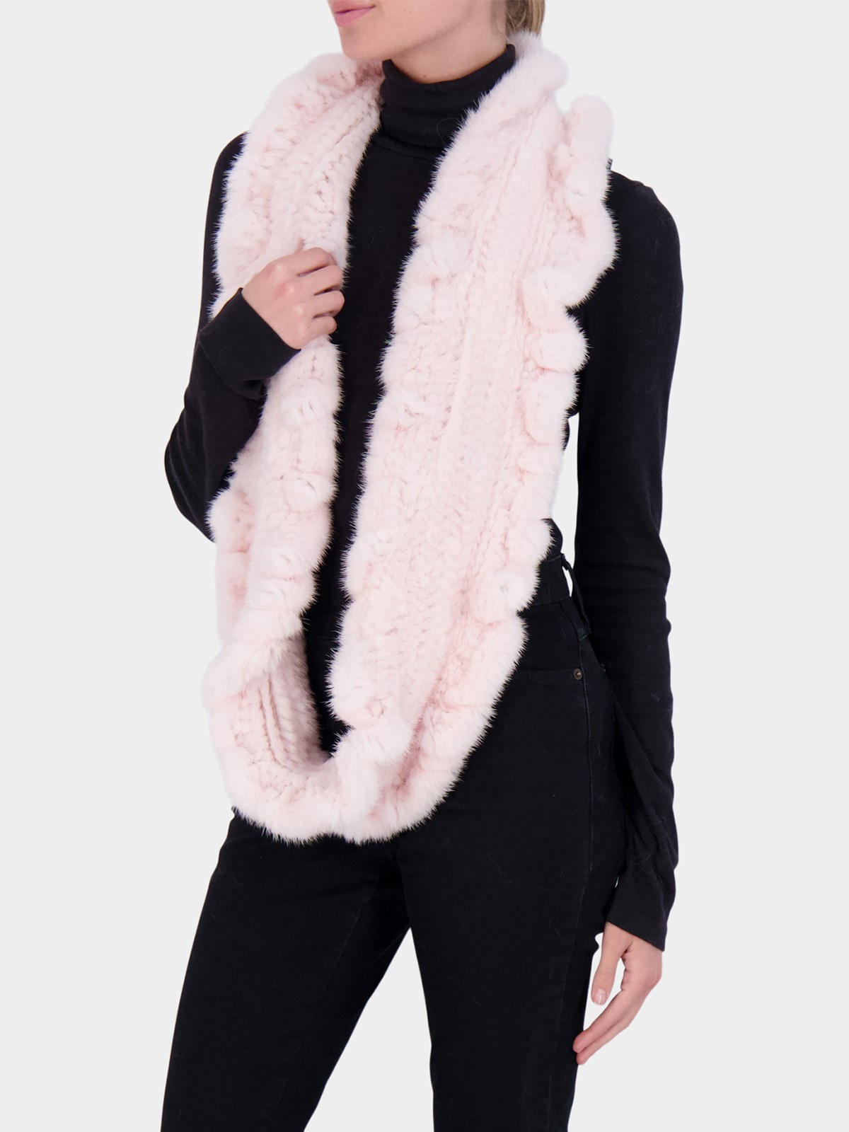 Woman's Gorski Light Pink Knit Mink Fur Infinity Scarf with Ruffles